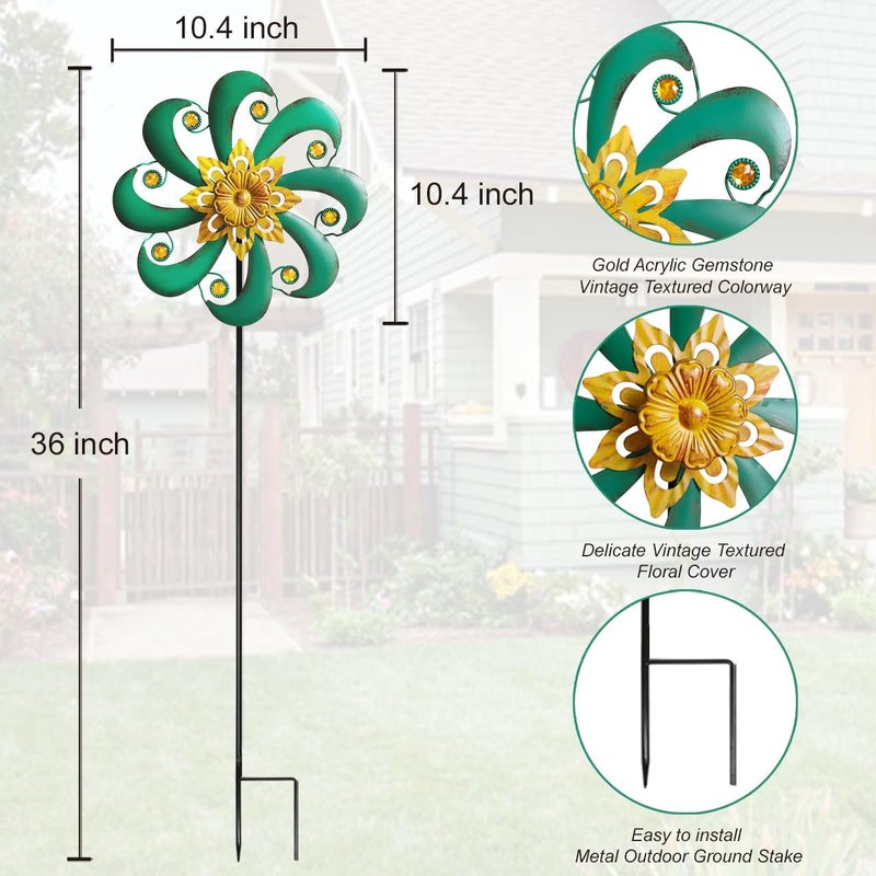 Senflame Flower Outdoor Metal Wind Spinner, Single-Layer Kinetic Garden Art with Vibrant Green Finish - Weatherproof Wind Sculpture for Lawn, Patio, Yard Decor - 10''W x 36''H - Image 3